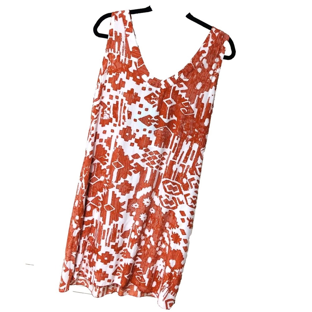 NWT Bluewater Abstract‎ Sun Dress Women's L Coral Orange V-Neck Pockets Relaxed
